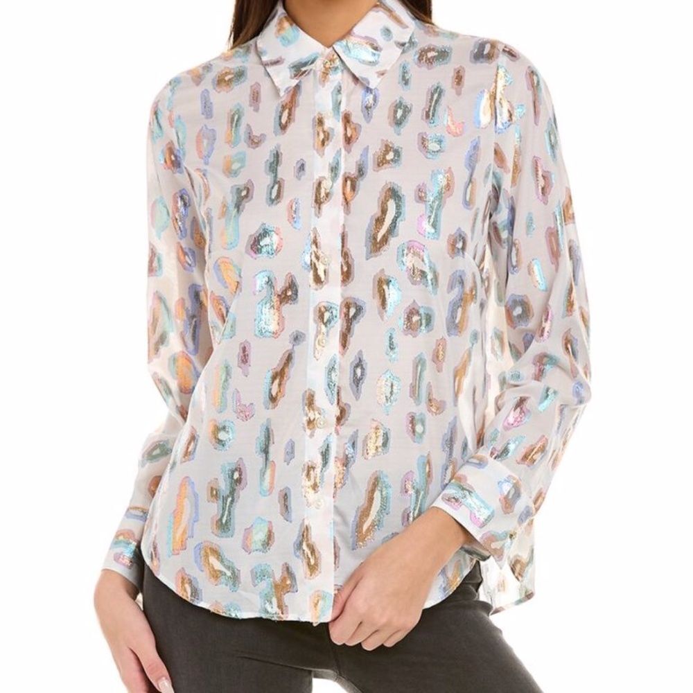 Vilagallo White Multicolor Metallic Animal Print Button Down Shirt Blouse Size 6